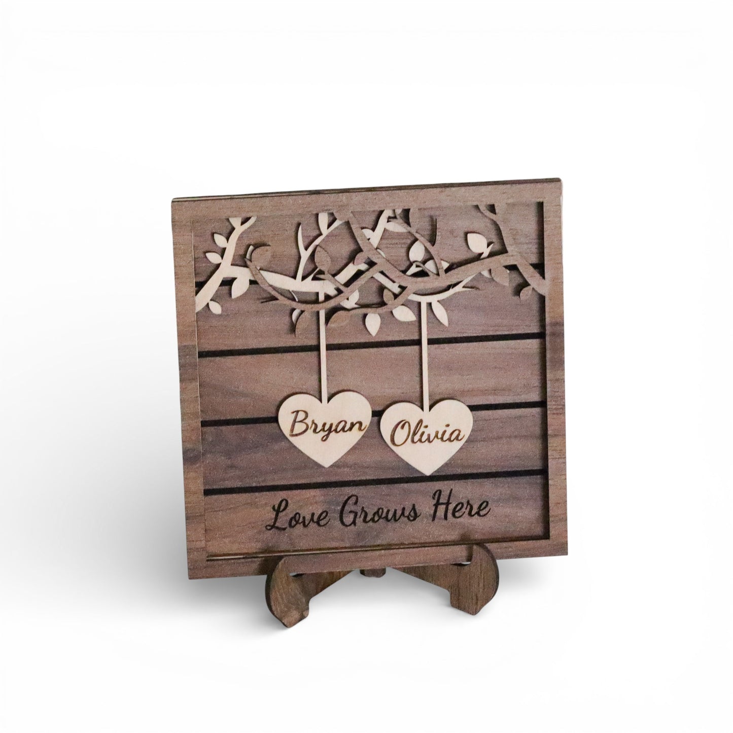 Personalized Wooden Couple Tree Decor – Custom Name Heart Sign, Love Grows Here Freestanding Wood Plaque