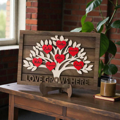 Personalized Wooden Family Tree Decor with Names – Heart-Shaped Family Tree Sign, Freestanding Home Decor