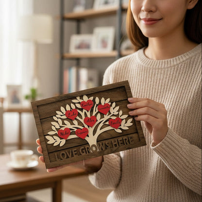 Personalized Wooden Family Tree Decor with Names – Heart-Shaped Family Tree Sign, Freestanding Home Decor