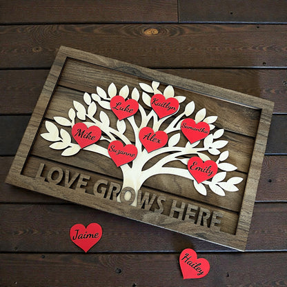 Personalized Wooden Family Tree Decor with Names – Heart-Shaped Family Tree Sign, Freestanding Home Decor