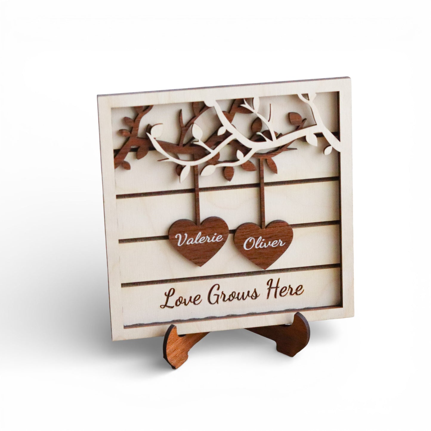 Custom Wooden Couple Tree Decor – Custom Name Heart Sign, Love Grows Here Freestanding Wood Plaque