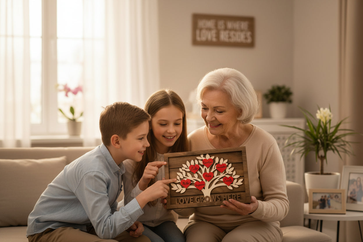 Personalized Wooden Family Tree Decor with Names – Heart-Shaped Family Tree Sign, Freestanding Home Decor
